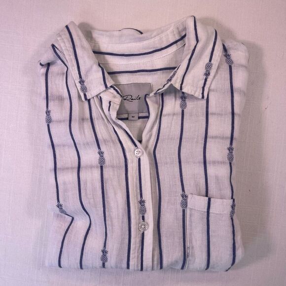 Rails White Navy Striped Pineapple Print Linen Blend Button Up Shirt Size Medium - Picture 2 of 13
